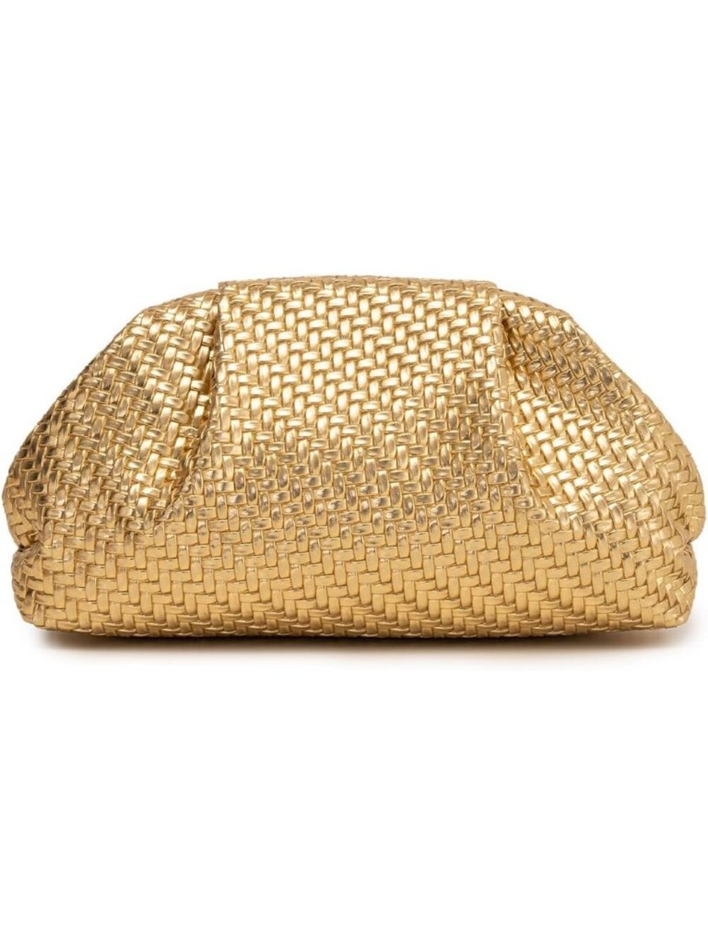 Women's Gold Woven Intrecciato Ruched Dumpling Clutch Evening Bag Party Purse